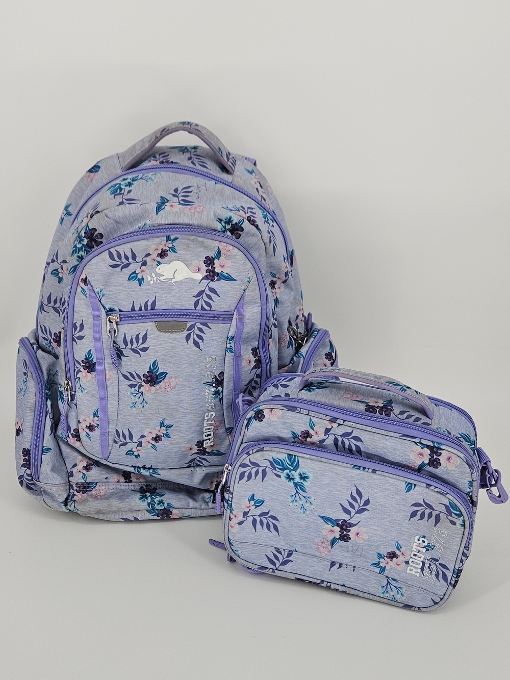 Roots Purple Floral Backpack Lunch Bag Set Insulated Lunch Box School Bookbag